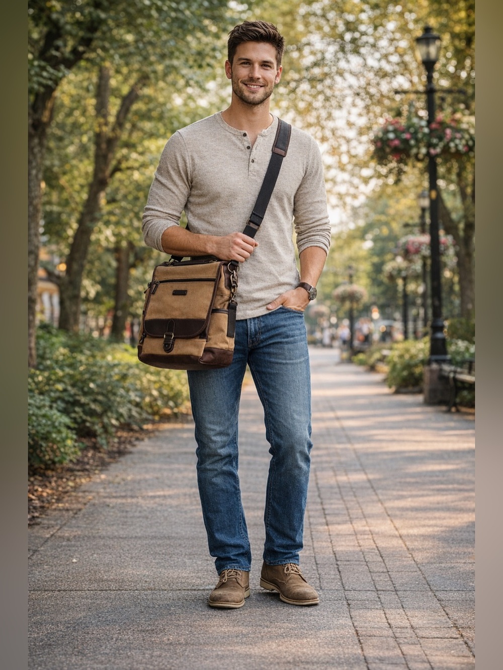 Eddie Bauer Leather and Canvas Messenger Bag - Brown